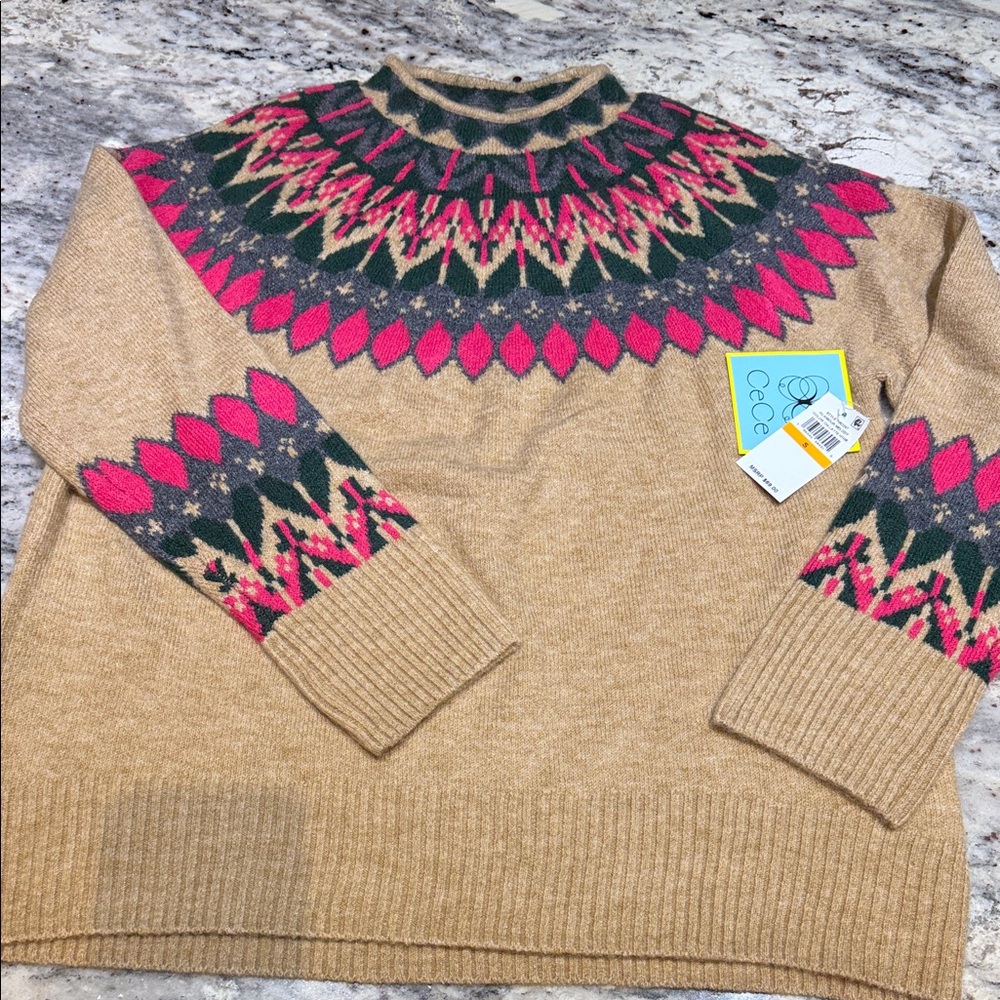 NWT CeCe Latte Sweater with Pink and Green Accents